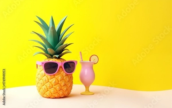 Fototapeta Pineapple with sunglasses resting and drink cocktail on the beach, Summer vacation concept on yellow background 3d render 3d illustration. High quality