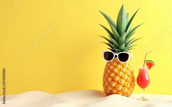 Fototapeta Pineapple with sunglasses resting and drink cocktail on the beach, Summer vacation concept on yellow background 3d render 3d illustration. High quality