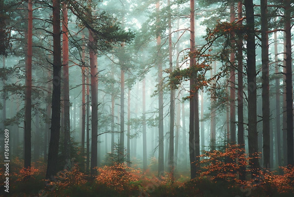 Fototapeta Immerse yourself in the tranquil beauty of a misty forest, where towering pines meet the soft glow of dawn creating a serene and captivating scene