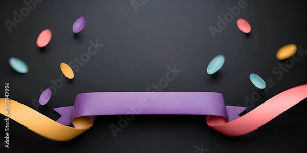 Fototapeta Colorful ribbon banner mock up with vibrant circular shapes floating around on a dark background, creating an engaging and festive atmosphere for design purposes