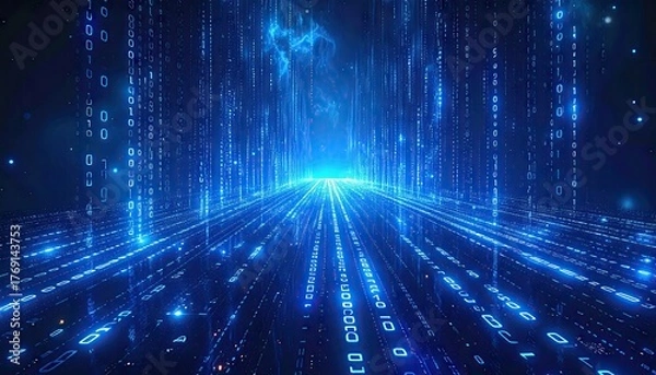 Obraz Futuristic Digital Data Tunnel with Glowing Blue Binary Code Streams.