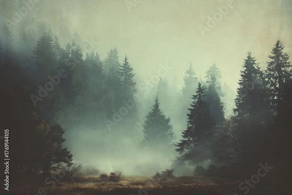 Fototapeta Enchanting misty forest landscape evoking serenity and peace, perfect for nature lovers, meditation backgrounds, and calming visuals in your projects