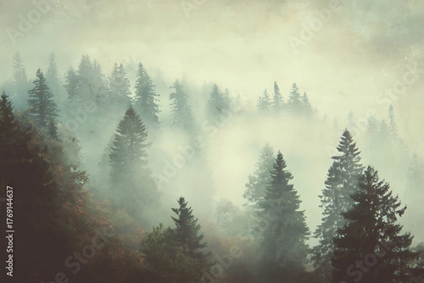 Fototapeta Mystical pine forest shrouded in ethereal fog, creating a moody and atmospheric scene perfect for fantasy, nature, and serene backgrounds