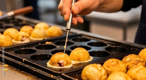 Obraz Takoyaki Cooking on Iron Pan at Osaka Food Stall