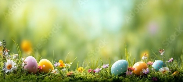Fototapeta Easter Eggs in Spring Meadow, Decorated Eggs, Floral Background.