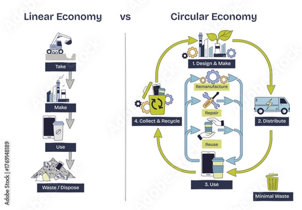 Fototapeta Circular vs linear economy concept contrasts take-make-waste with looped reuse, repair, recycle, highlights arrows, recycle bin, factory. Doodle style diagram