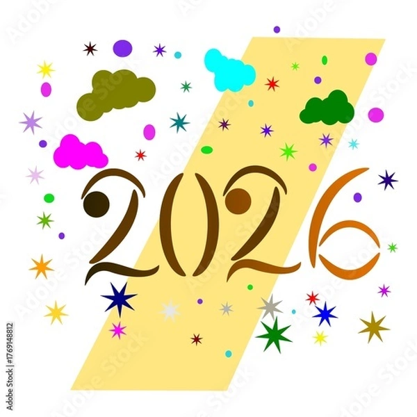 Fototapeta Colorful 2026 New Year celebration with bright fireworks, confetti, glowing numbers 2026, festive lights, and joyful atmosphere symbolizing happiness, hope, and new beginnings