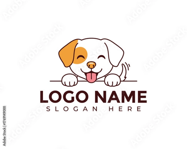 Fototapeta A cute and playful dog logo isolated on white background, featuring a cartoon puppy with a happy expression, perfect for petrelated businesses and animalfriendly branding