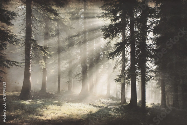 Fototapeta Enchanting sunbeams filter through the misty forest, illuminating the tranquil scene and evoking a sense of peace and wonder in nature's embrace