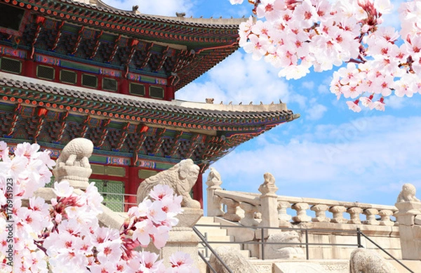 Obraz Sakura flowers and stone figures of mythical creatures, Geunjeongjeon Hall, Gyeongbokgung Palace Complex, Seoul, South Korea. Main throne hall and branch of blooming sakura, Republic of Korea