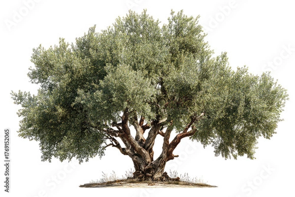 Obraz Full, leafy olive tree on black. Rustic, gnarled trunk