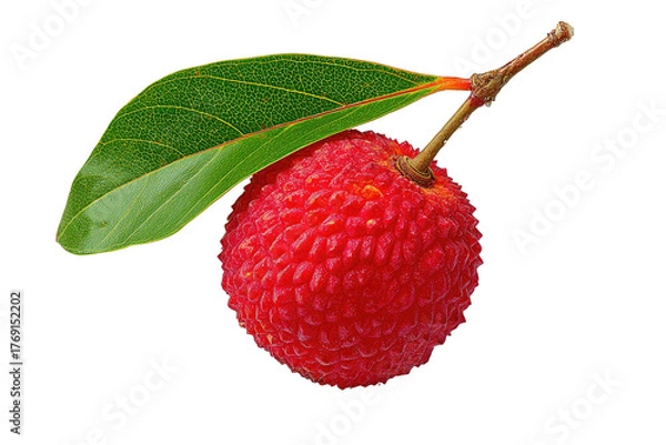 Obraz Red lumpy fruit with green leaf on stem