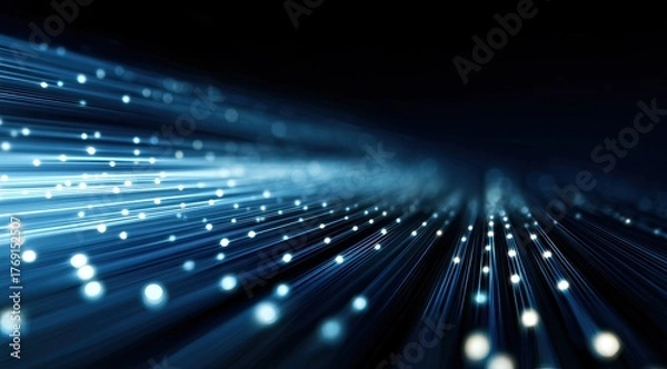 Fototapeta Abstract digital stream.  A dynamic,  glowing stream of light and points of light streaks across a dark background