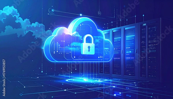 Fototapeta Abstract business technology background with glowing cloud icon, secure padlock hologram, futuristic server data network, cyber blue gradient, no text.