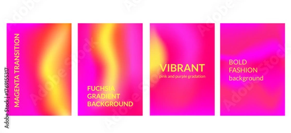 Fototapeta Fuchsia gradient background. Magenta, yellow vibrant gradation template set. Vector bright heat map backdrop with yellow splashes. Bold vivid pink red wallpaper and posters. Heat map transition color.