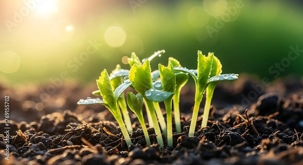 Obraz Young green sprouts with water droplets in soil seedling
