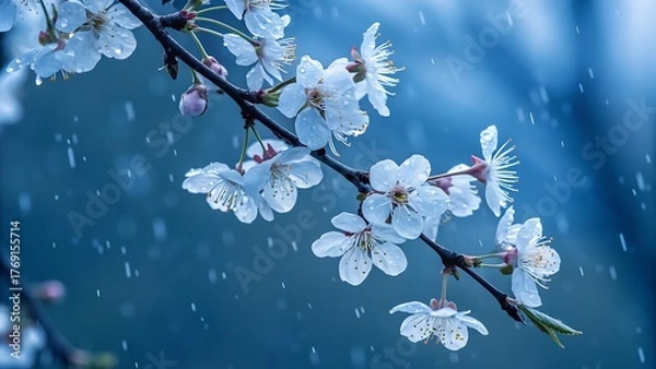 Obraz Delicate white cherry blossoms glisten with raindrops, creating a serene and refreshing spring scene in soft focus with a blue background