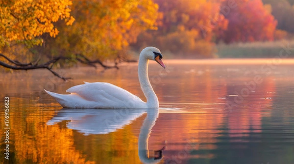 Obraz Swan gliding on autumn lake at sunset

