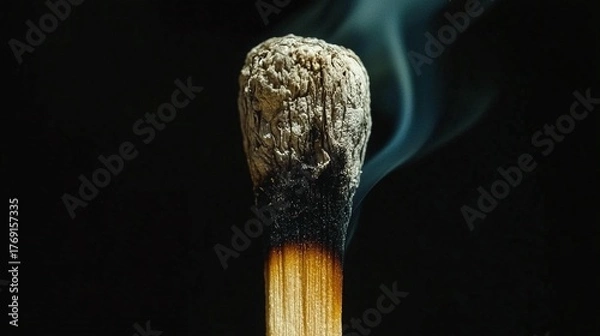 Fototapeta Burnt Matchstick After Illumination Emitting Wisps of Smoke Against a Deep Dark Background