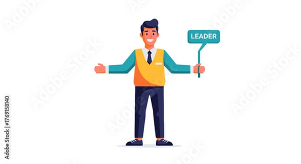 Fototapeta A Personified Leader Holding a Speech Bubble, Guiding With a Smiling Expression