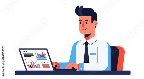 Obraz A Smiling Professional Man Analyzing Financial Data on His Laptop, Business Concept