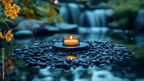 Fototapeta The image is a candle in a zen garden with running water and black stones. It could be used as a representation of wellness or meditation.