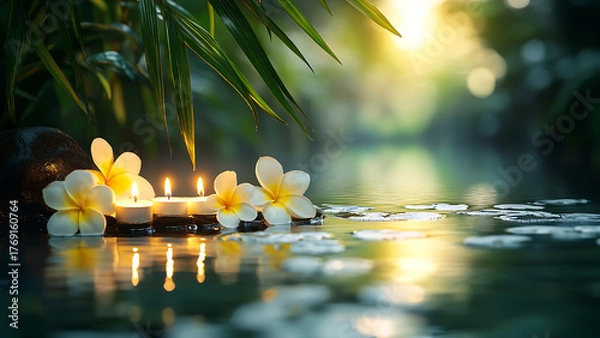Fototapeta Three candles rest on smooth rocks, with tropical flowers and greenery, half-submerged in shimmering water. 