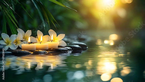Fototapeta Three candles rest on smooth rocks, with tropical flowers and greenery, half-submerged in shimmering water. 