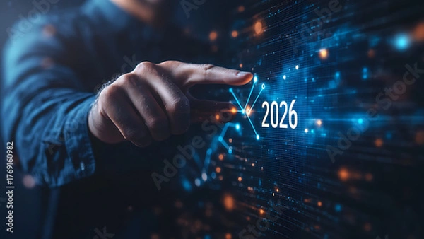Fototapeta A hand touches the glowing numbers "2026" amidst a futuristic background, symbolizing a forward-looking perspective. 