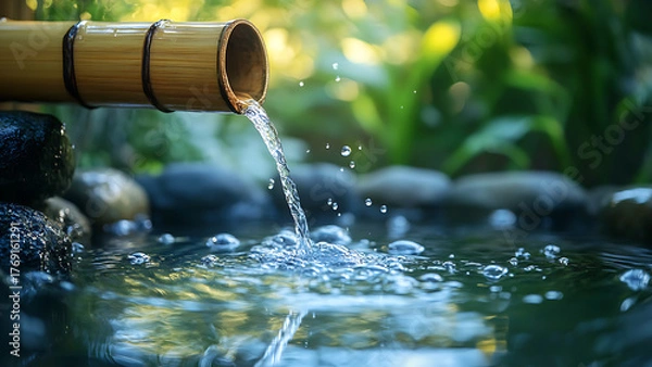 Fototapeta The serene view of water flowing from bamboo to rock, truly a beautiful sight.