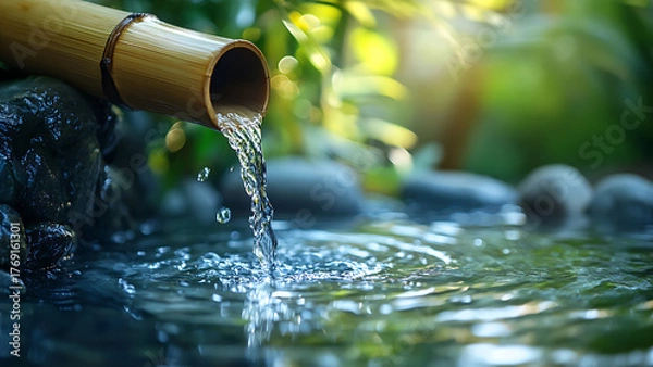 Fototapeta The serene view of water flowing from bamboo to rock, truly a beautiful sight.
