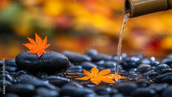 Fototapeta A dry leaf lies where water drips from a bamboo funnel, this moment is perfect for autumn.