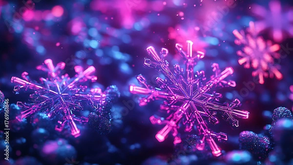 Fototapeta This digital image features three sparkling and detailed snowflakes. The pink and blue snowflakes look magical in a winter setting.