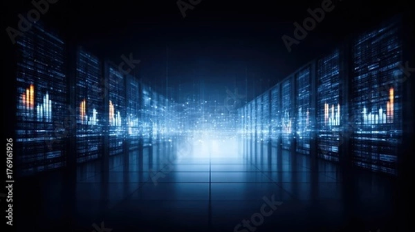Fototapeta A cinematic shot of a modern data facility showing Monitoring panels tracking Connectivity, Modem link health, issue frequency, and automated Recovery processes