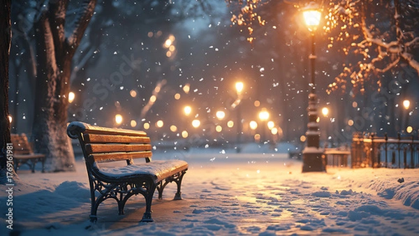 Fototapeta A snow-covered park bench next to a street lamp, this image is perfect for a winter setting.