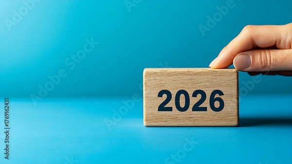 Fototapeta This photo shows hands stacking wooden blocks. The blocks bear the year "2026."