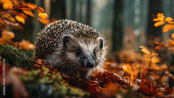 Fototapeta A close-up depicts a hedgehog in a forest setting. Surrounded by fall foliage, it could be used as stock art for a project.