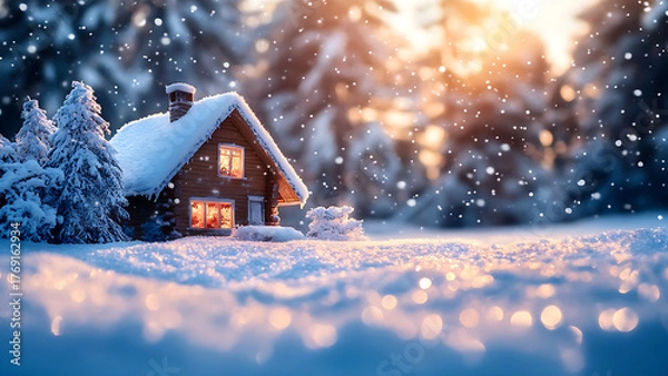 Fototapeta A cozy cabin nestled in the middle of a snowy forest, lit by warm light. This image is perfect for a variety of creative projects.