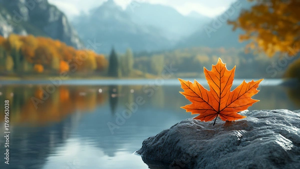 Fototapeta A maple leaf sits on a rock at the water’s edge of a calm lake. 