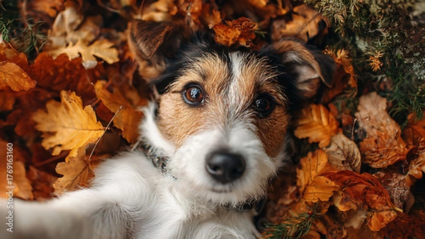 Fototapeta Here's a terrier puppy laying on its back in a pile of autumn leaves. The dog looks at the camera with a sweet expression.