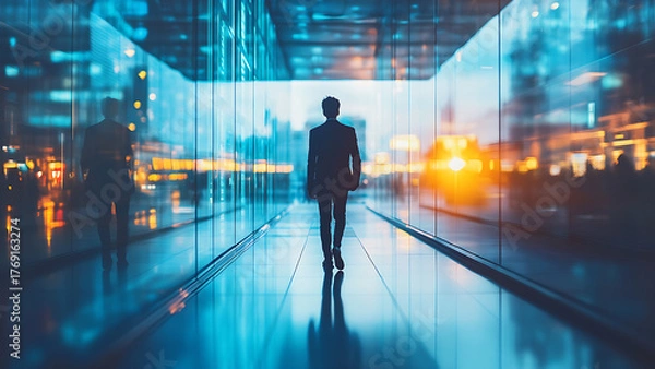Fototapeta A person in a suit walks away down a futuristic hall, with a blurry cityscape visible behind them. The image evokes a sense of ambition and modern business.