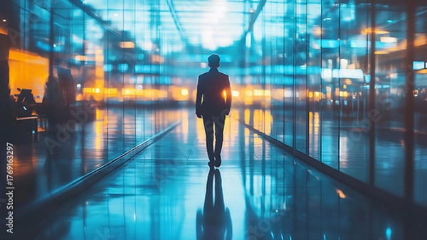 Fototapeta A person in a suit walks away down a futuristic hall, with a blurry cityscape visible behind them. The image evokes a sense of ambition and modern business.