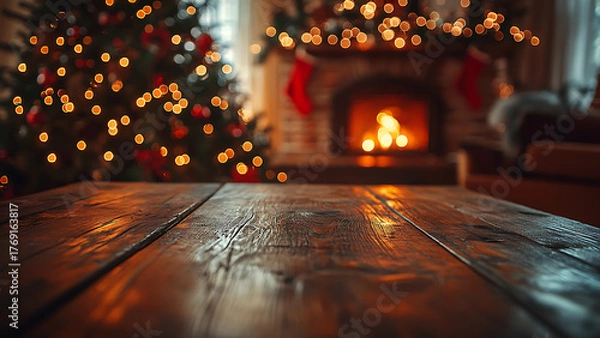 Fototapeta A cozy Christmas scene. A rustic wooden table foreground is out of focus, with a Christmas tree and fireplace in the background.