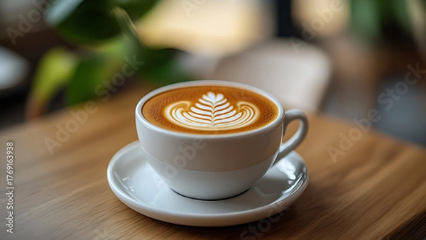 Fototapeta This image shows a latte with an artistic foam design, served on a white plate.