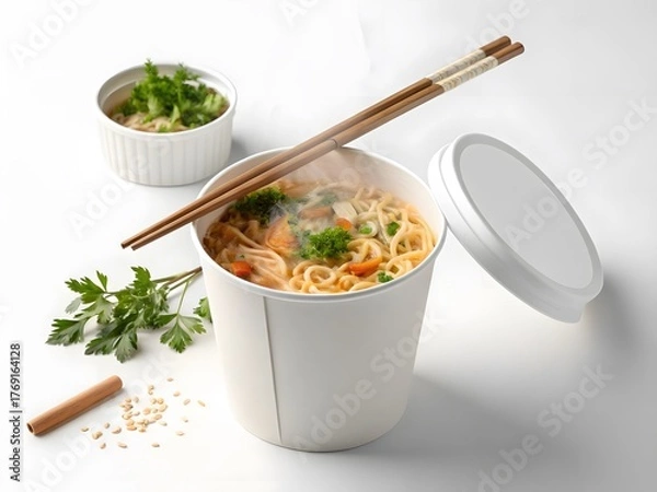 Fototapeta Delicious Noodles in a Takeout Container with Chopsticks and Parsley