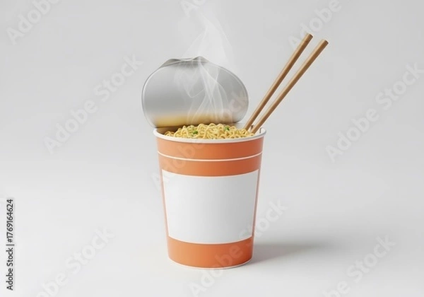 Fototapeta Steaming Cup of Instant Noodles with Chopsticks Ready to Enjoy a Quick and Delicious Meal