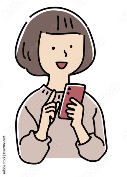 Obraz スマホを操作する笑顔の女性のバストアップ_カラー