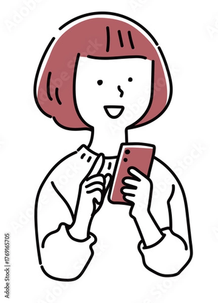 Obraz スマホを操作する笑顔の女性のバストアップ_単色