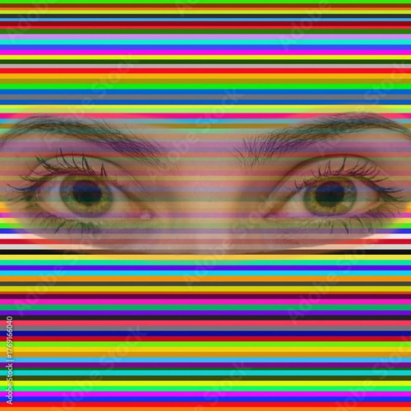 Fototapeta Mysterious human eyes behind colorful horizontal stripes, surreal and abstract concept symbolizing perception, curiosity and hidden emotions through vivid modern art composition