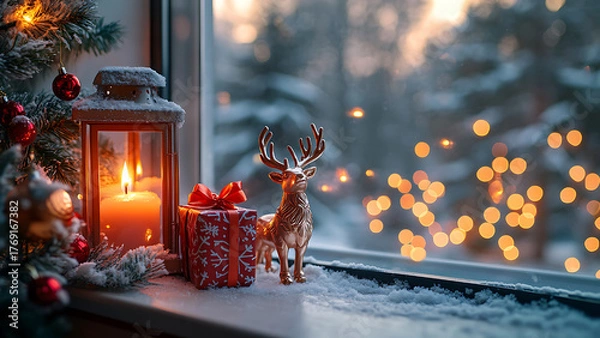 Fototapeta Festive holiday scene on a windowsill. A decorative deer, presents, and a lantern create a cozy, Christmasy atmosphere with blurred lights in the background.